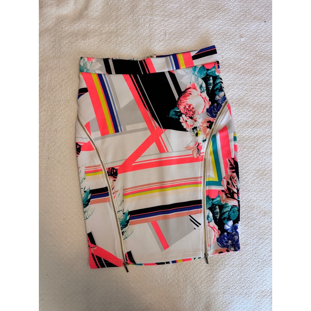 Bebe Floral Geometric Neon Stripe Zipper Detail Bodycon Pencil Skirt Womens M